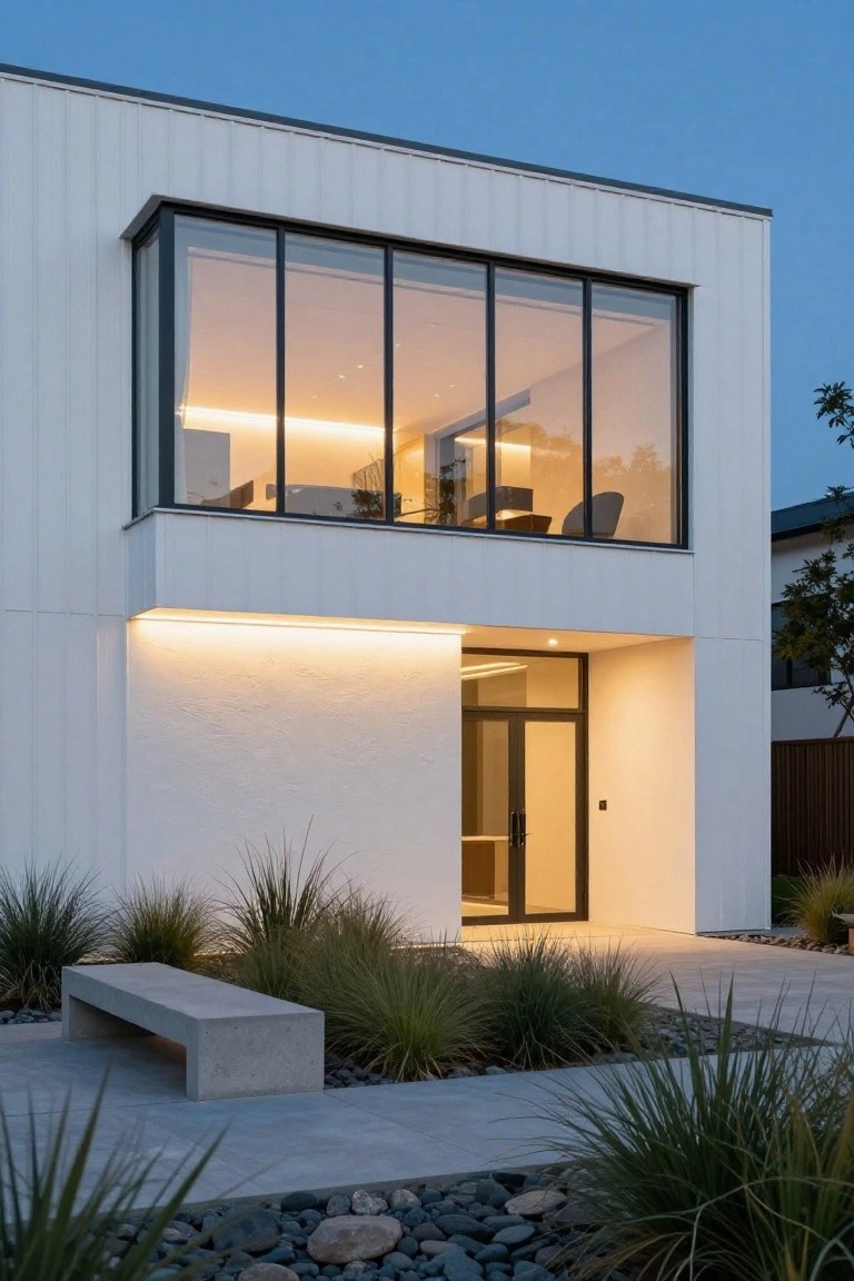 Modern two-story white paneled house exterior at dusk with large projecting upper corner window, recessed double glass entry doors with edge lighting, concrete bench, and ornamental grasses bordering a stone path.
