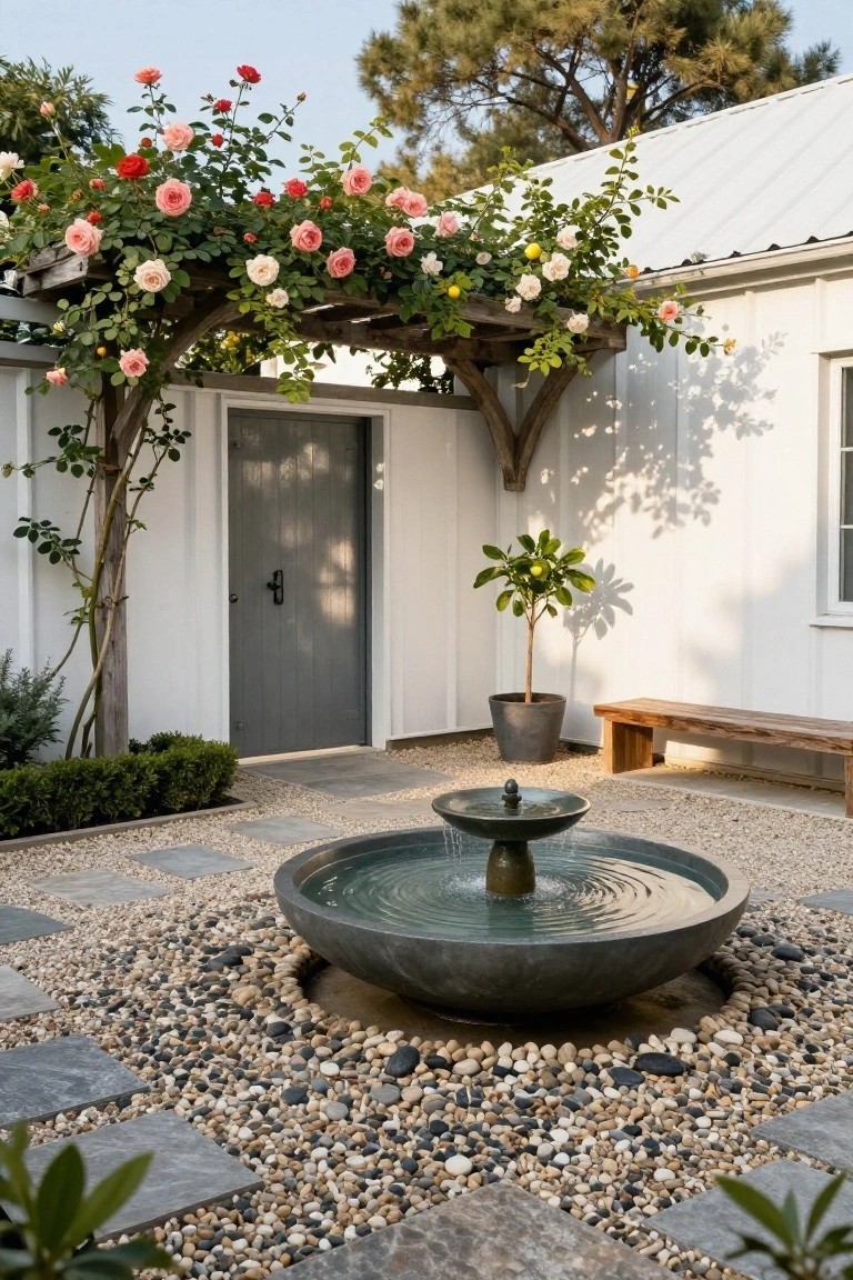 White building with corrugated metal roof and gray entry door framed by wooden arbor draped in pink, red, and white climbing roses, next to gravel patio with gray stone pavers, central stone fountain, potted citrus tree, wooden bench, and boxwood shrubs.