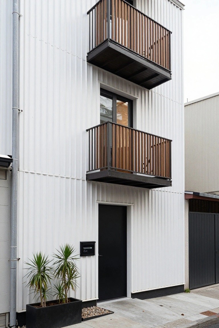 Narrow two-story house with white corrugated metal siding, black front door, upper cantilevered balconies with timber railings and black frames, two potted palm plants in black containers next to the entrance, and gravel and concrete path.