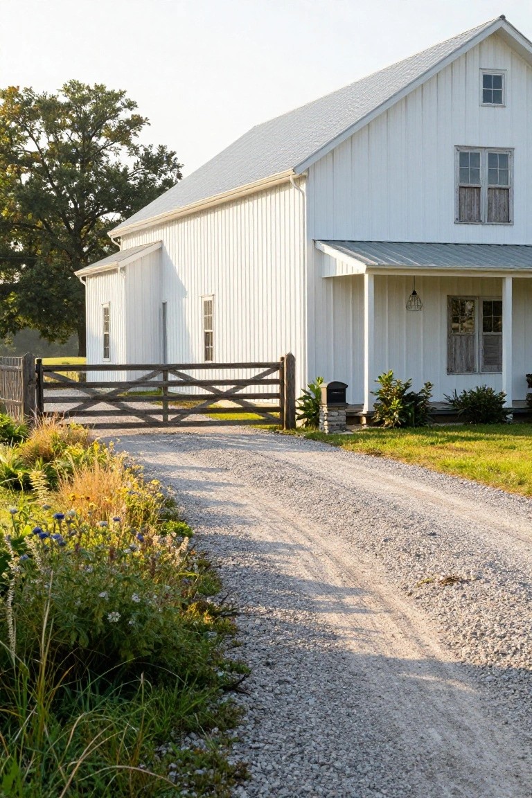White barn-style metal building home with vertical siding, gabled metal roof, covered porch, wooden split-rail gate across gravel driveway, and mixed border plants.