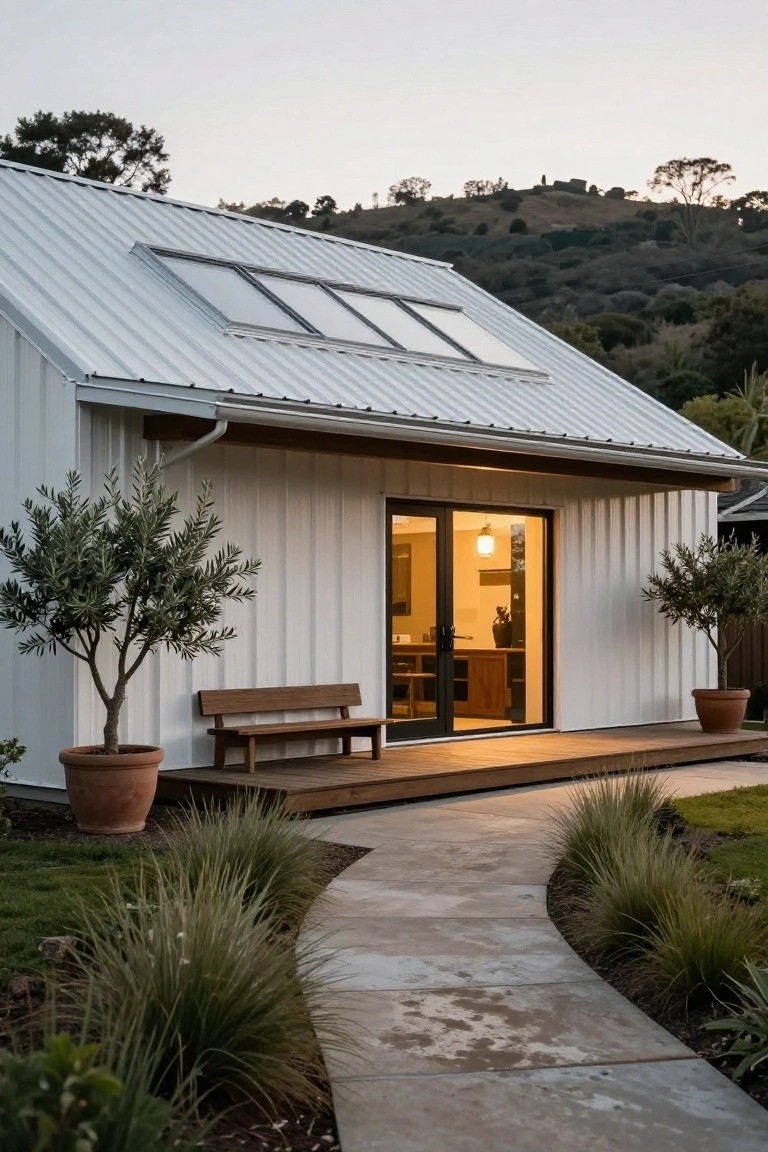 White corrugated metal building home with sloped roof and skylights, large glass doors opening to a wooden deck porch flanked by potted olive trees and a bench, stone pathway curving through grass and ornamental grasses toward the entry, surrounded by hills at dusk.