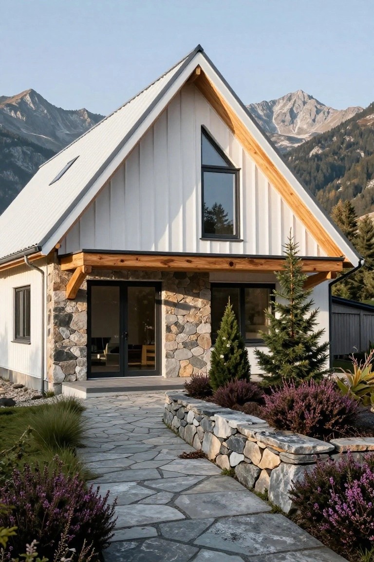 White metal house with gabled roof, vertical siding, stone foundation around the entry, wood beam porch overhang, flanked by small trees and shrubs, with a stone path leading to the front door against a mountainous backdrop.