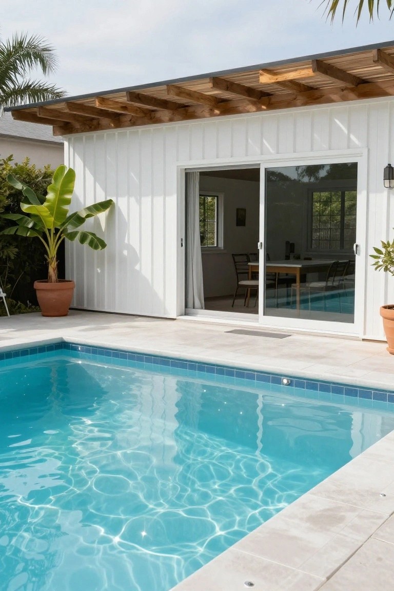 White board-and-batten pool cabana with open sliding glass doors overlooking a blue-tiled pool on a light deck, potted banana tree and plants nearby, wooden pergola roof.