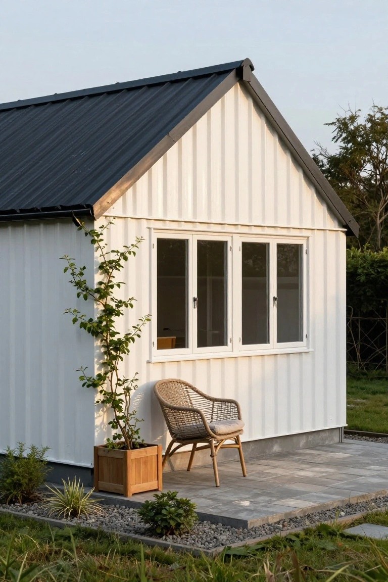 Small white gable-roofed outbuilding with vertical siding and black metal roof, large triple window on the side, climbing plant in wooden planter, rattan armchair on stone patio, gravel edging and grass surrounding.