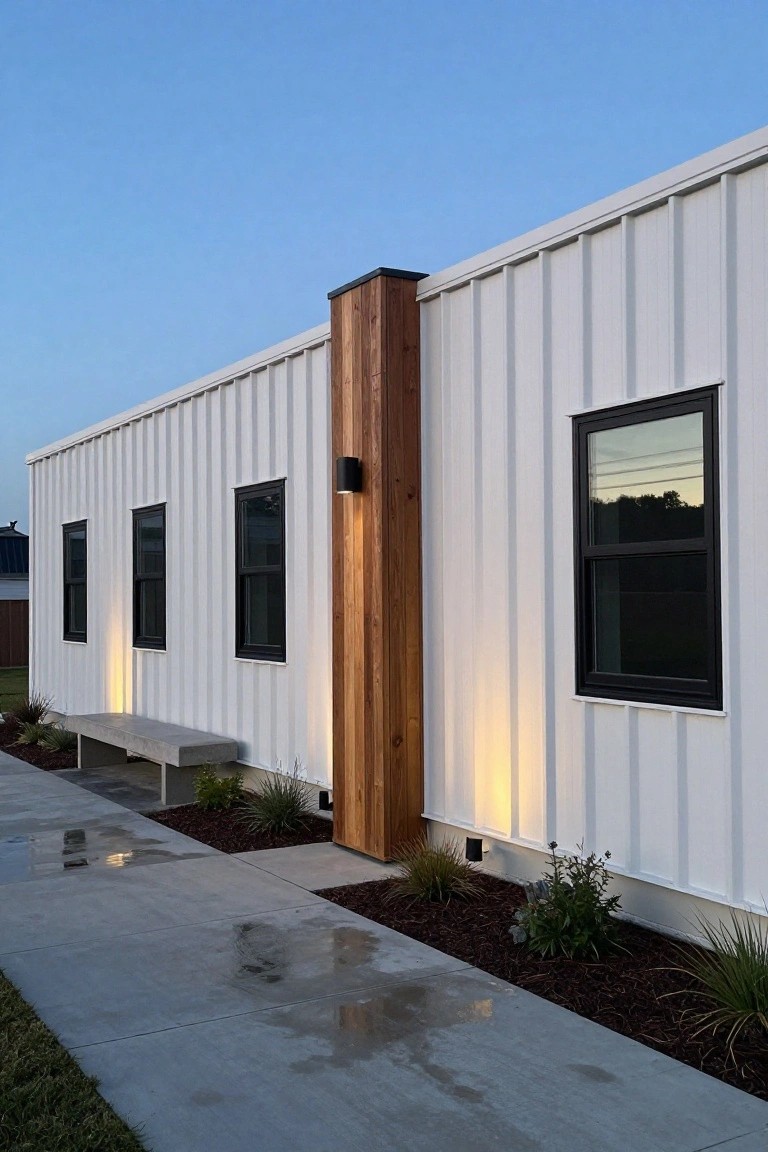 Side view of a white corrugated metal-sided home with a tall vertical wooden post, black-framed windows, wall-mounted light, concrete bench, low plants in mulch beds, and a wet concrete path at dusk.