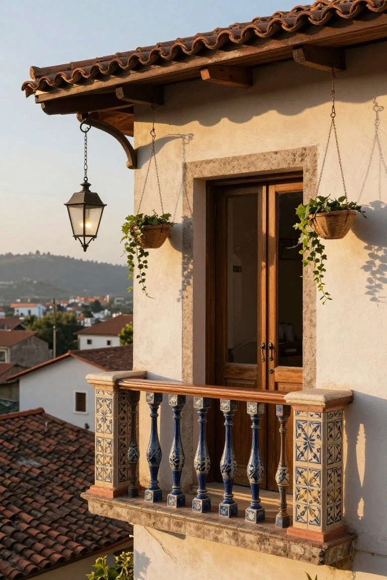 Hacienda-style exterior balcony with blue and white ceramic tiled balustrades, wooden double doors, hanging lantern and ivy plants, terracotta roof overhang, stucco walls, and distant hillside town view in evening light.