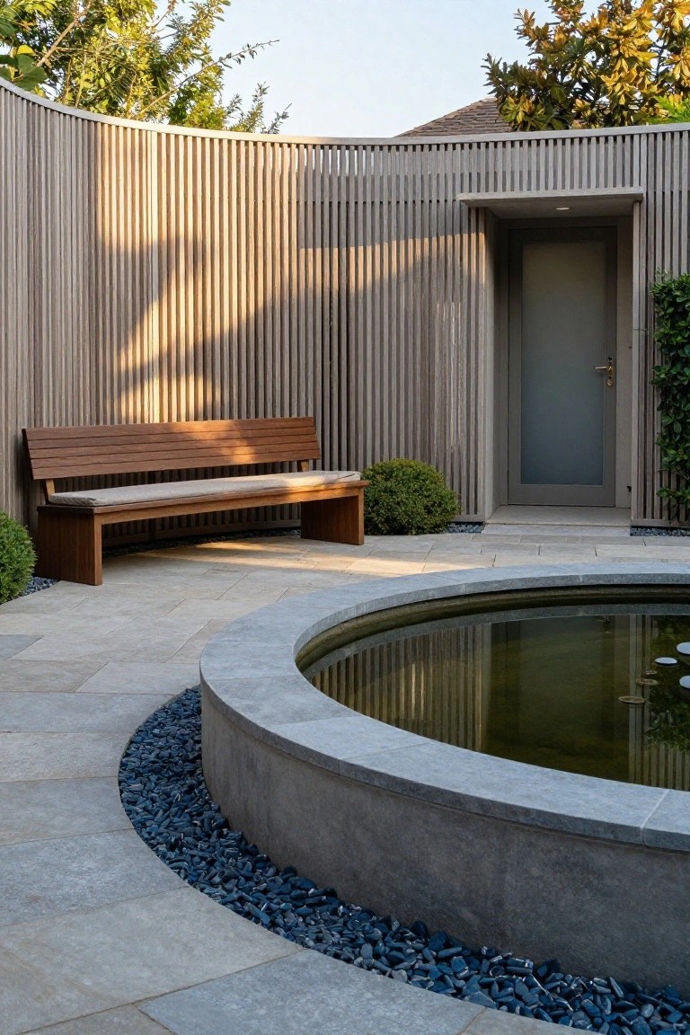 Curved light wood vertical slat fence enclosing a paved courtyard with a wooden bench, small evergreen shrubs, dark gravel, and a circular stone-edged pond containing water and lily pads.