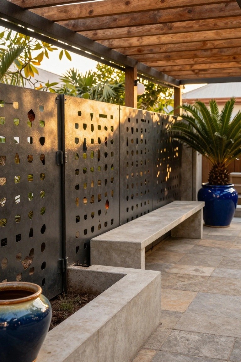 Outdoor patio featuring a wooden pergola overhead, tall black perforated metal fence panels with geometric cutouts, a concrete bench, large blue ceramic pots with plants, and palm trees in the background.