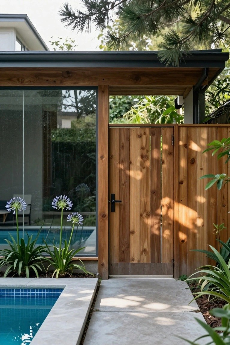 Wooden slatted gate with black latch beside a glass pool enclosure, purple agapanthus flowers, green plants, and a concrete path to a blue-tiled pool.