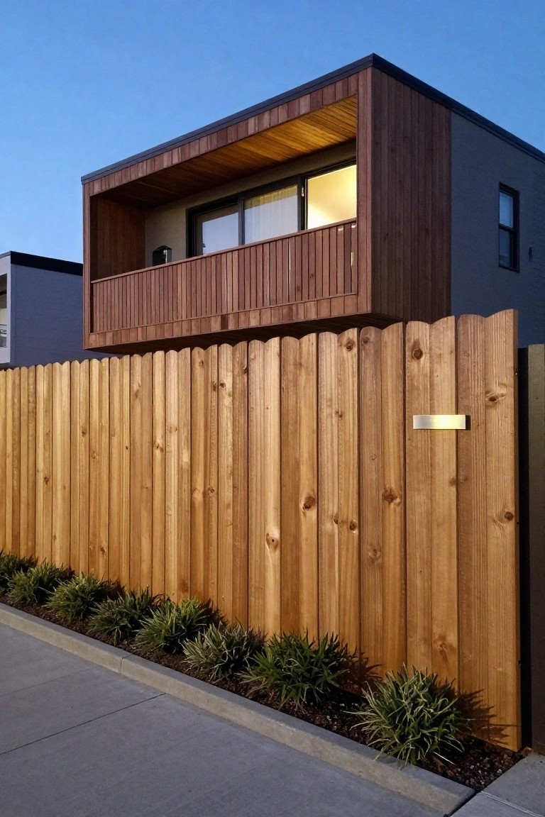 Tall scalloped wooden fence beside a modern house with wooden upper balcony and cladding, low green plants along the driveway edge, and concrete curb.