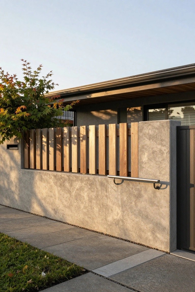 Side view of a modern house exterior showing a beige stucco wall topped with vertical light wooden slats forming a fence, a black metal gate with stainless steel handrail, Japanese maple tree, mailbox, concrete sidewalk, and grass edge.