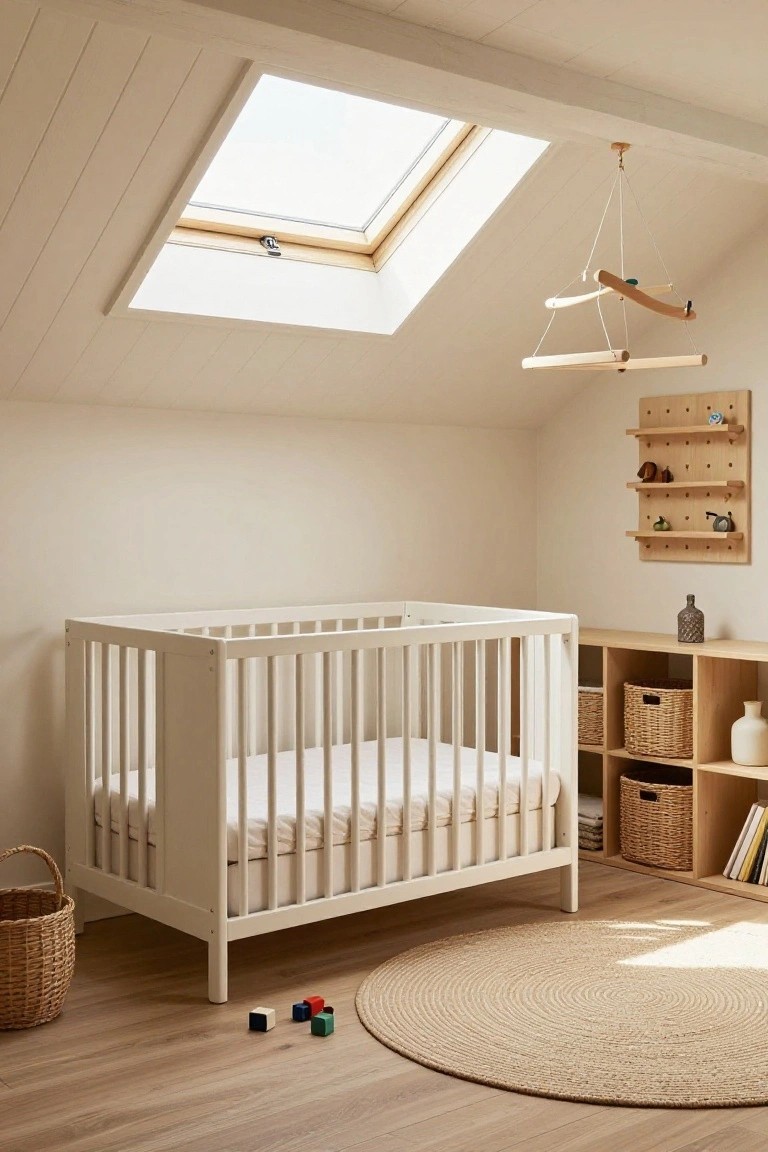 A nursery room in an attic with sloped white ceiling, skylight, white wooden crib, pegboard wall with shelves and toys, open shelving unit with baskets, seagrass rug on wood floor, and scattered wooden blocks.