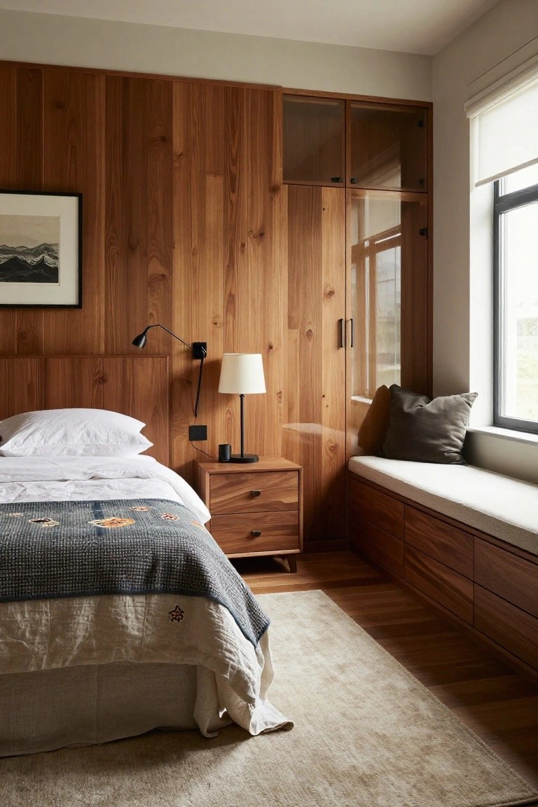 Bedroom interior with wood-paneled accent wall, queen bed with white sheets and gray throw blanket, wood nightstand with lamp, and built-in cushioned bench with drawers by a large window.