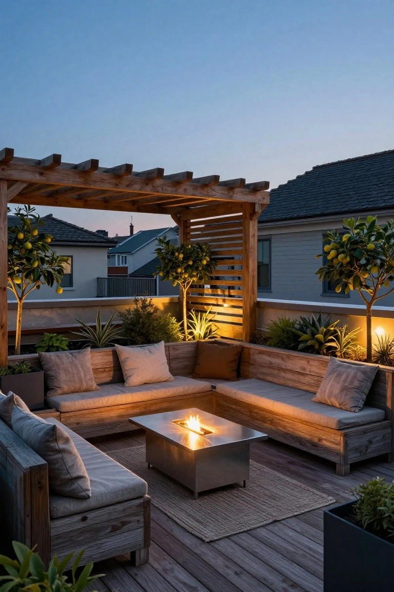 Twilight view of a rooftop deck with L-shaped wooden built-in bench seating around a rectangular metal fire table, flanked by potted lemon trees and agave plants under a slatted wooden pergola.