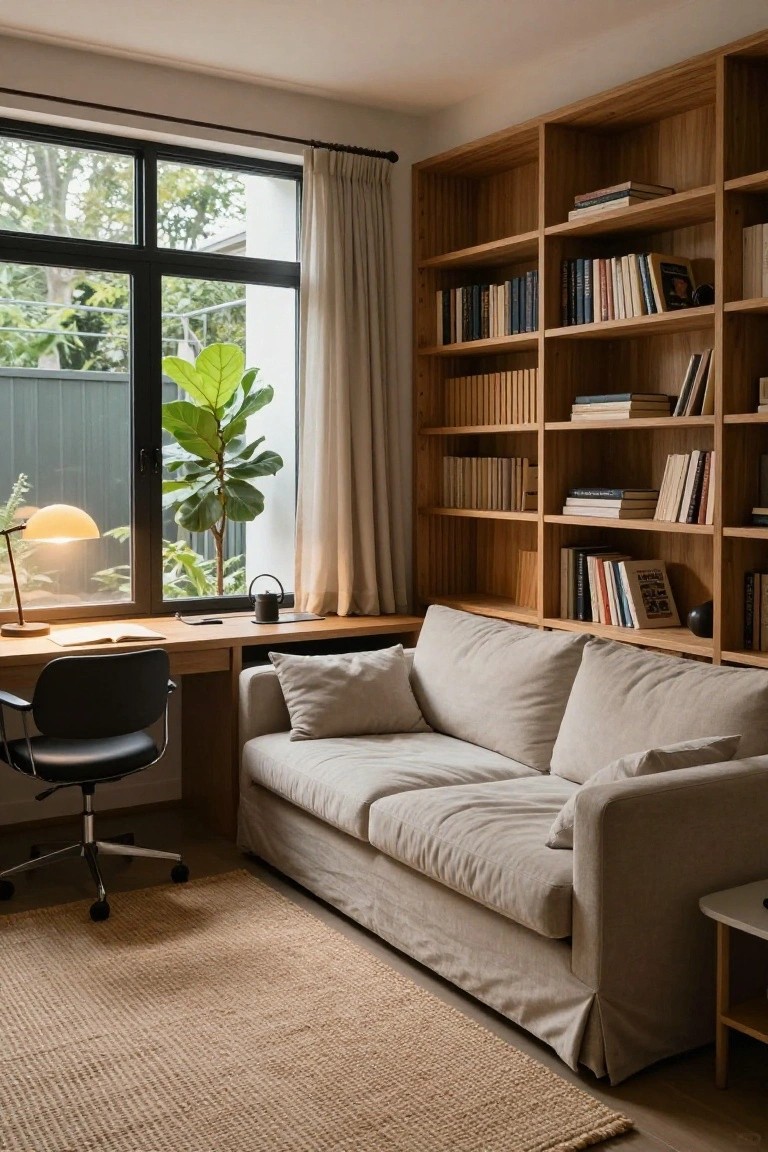 Interior corner room with tall wooden built-in bookshelves filled with books, wooden desk with open notebook and lamp, black office chair, cream sofa, potted fiddle leaf fig plant by large black-framed window with sheer curtains, jute rug, and small side table.