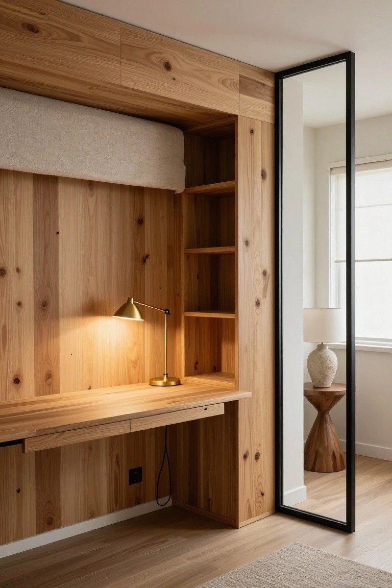 Wood-paneled interior wall with built-in open shelves, flush desk with drawer, gold desk lamp, tall black-framed mirror door, and nearby window with cream lamp on wood stool.