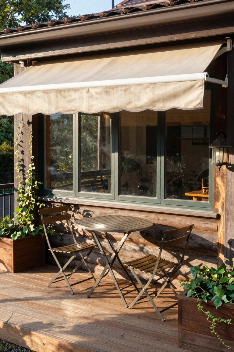 Wooden deck porch outside a log-style house with a small round metal table, two folding wooden chairs, planter boxes of greenery, beige fabric awning overhead, and large green-framed windows visible on the house wall.