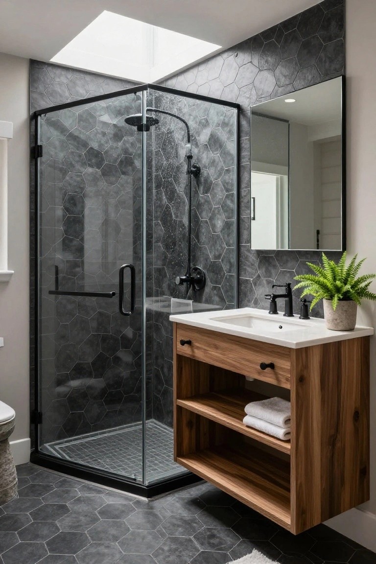 Modern bathroom with black hexagonal tiles on floors, walls, and shower interior, corner glass shower enclosure, floating wooden vanity with sink and towels, toilet, mirror, and potted plant.