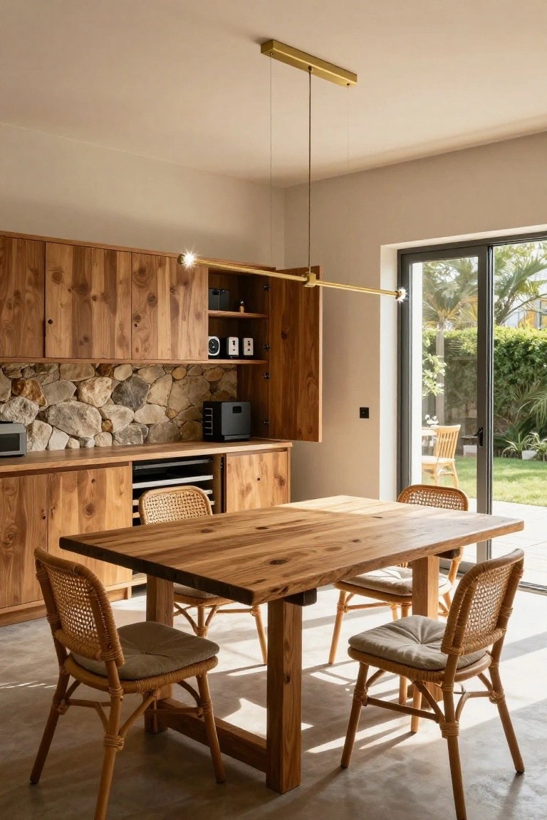 Kitchen with wooden cabinets, irregular stone backsplash, live-edge wood dining table, four rattan chairs with cushions, gold linear pendant light overhead, and large black-framed sliding glass doors open to a garden patio with plants and additional chairs.