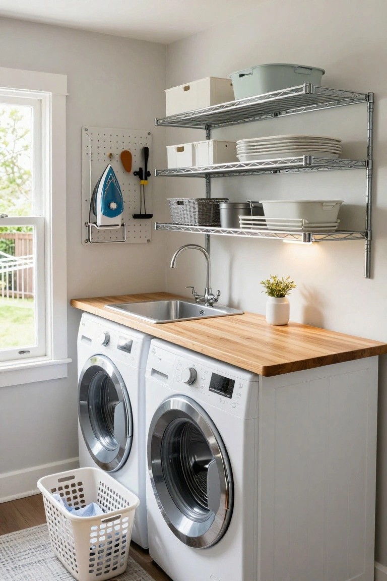 Compact laundry room interior with side-by-side white front-loading washers and dryers topped by a wooden butcher block countertop and stainless steel utility sink, stainless steel wire shelving above holding white dishes, baskets, and bins, pegboard wall with blue iron and tools, small plant on shelf, window with view of yard, and white laundry baskets on wood floor.