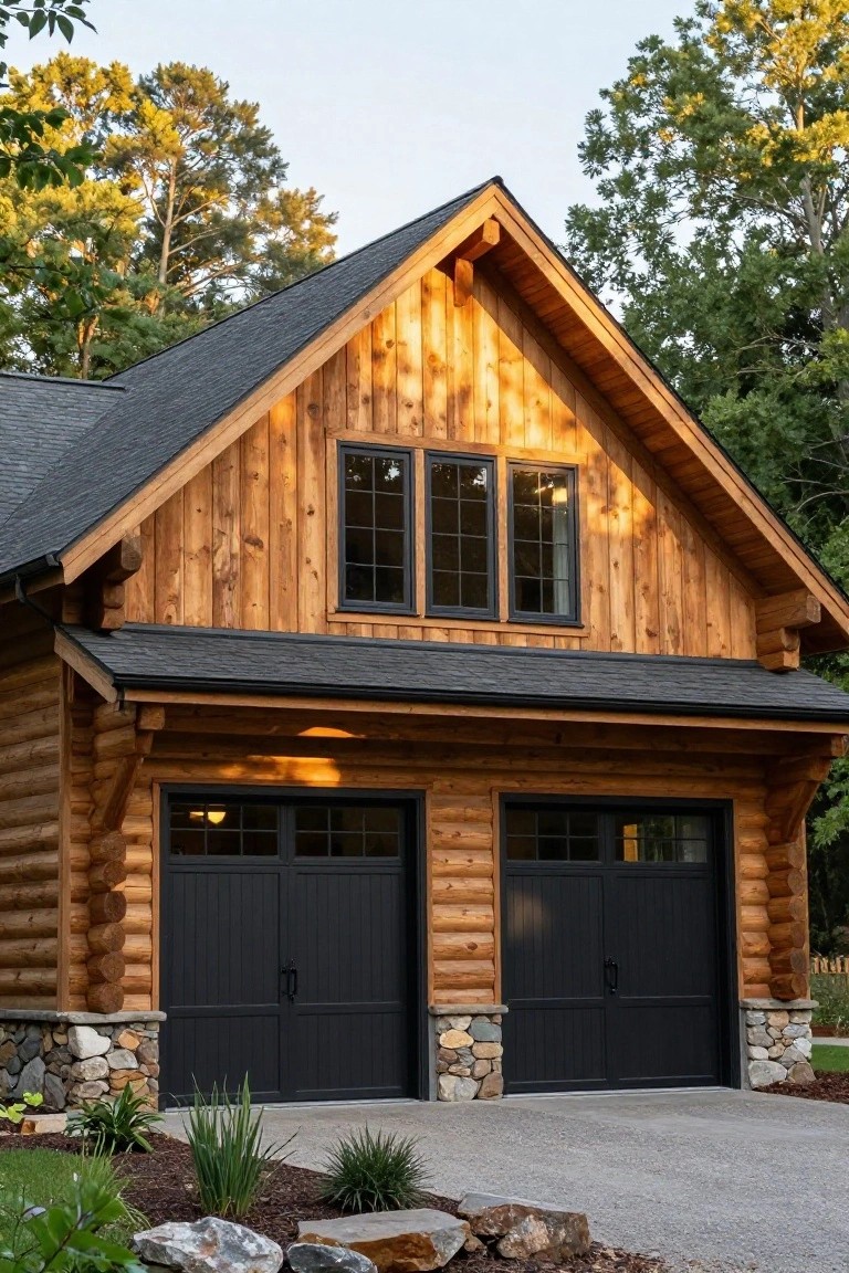 Two-car log garage with black paneled doors, timber walls, gabled roof, stone foundation accents, gravel driveway, and surrounding trees and plants.