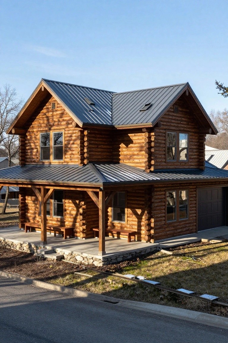 Two-story log home with wood log walls, dark metal roof, covered front porch supported by log posts and benches, stone foundation, attached garage, and surrounding yard with street view.