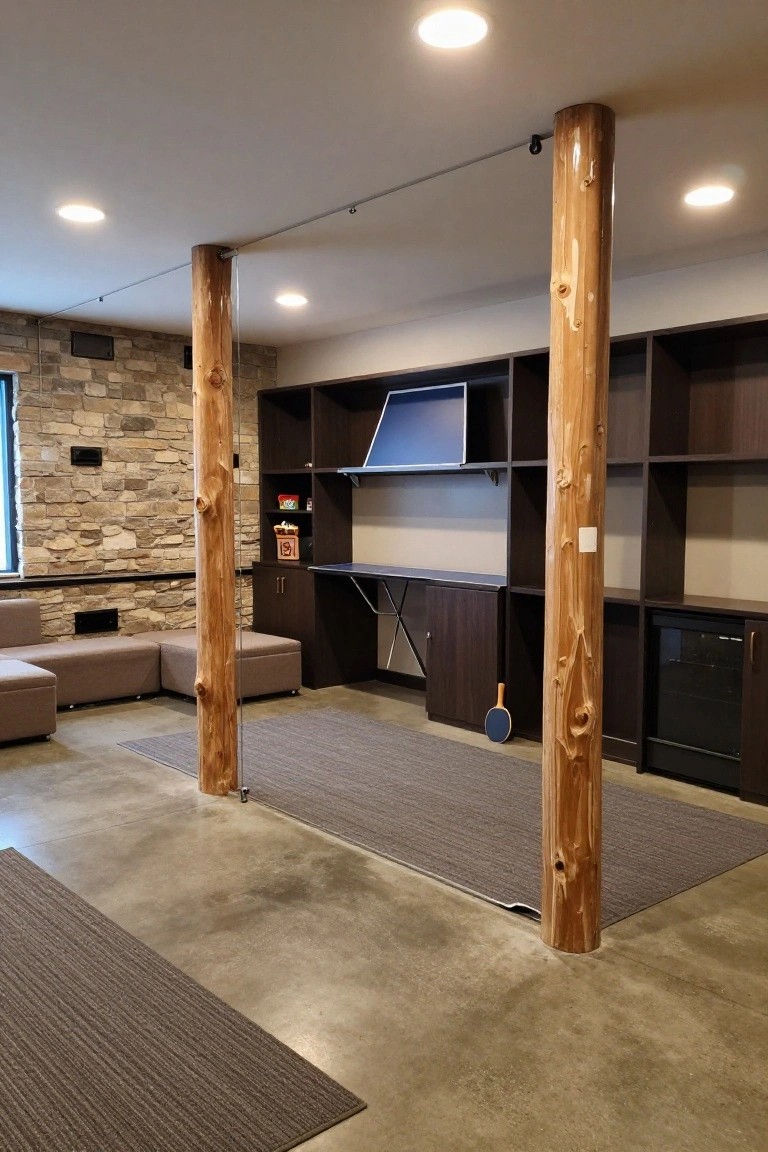 Basement rec room with four tall peeled log posts supporting the ceiling, flanked by dark wood shelving units, a gray sectional sofa, folded ping pong table, and beige area rugs on a polished concrete floor.
