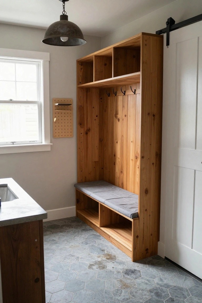 Wooden built-in mudroom cabinet with upper shelves, middle coat hooks, lower bench with gray cushion, next to a white utility sink on gray hexagonal tile floor, barn door, and window.