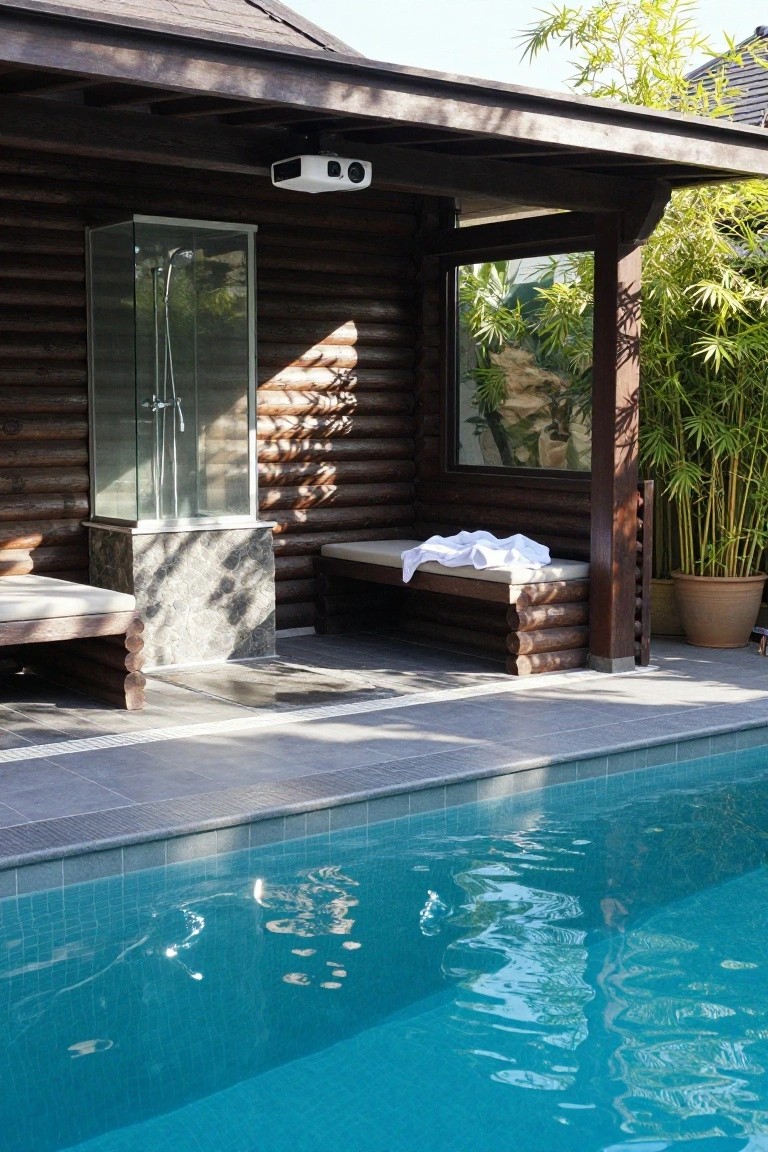 Wooden log-style cabana with glass-enclosed outdoor shower, bench draped with white towel, adjacent to a rectangular blue-tiled pool under a covered porch with bamboo plants.