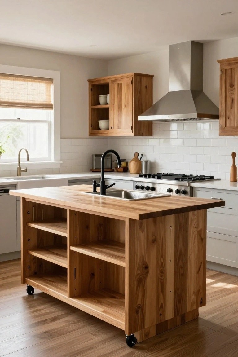 Kitchen interior with a large wooden island on black casters featuring open shelving, a sink with black faucet, white shaker cabinets, stainless steel range, and wood flooring.