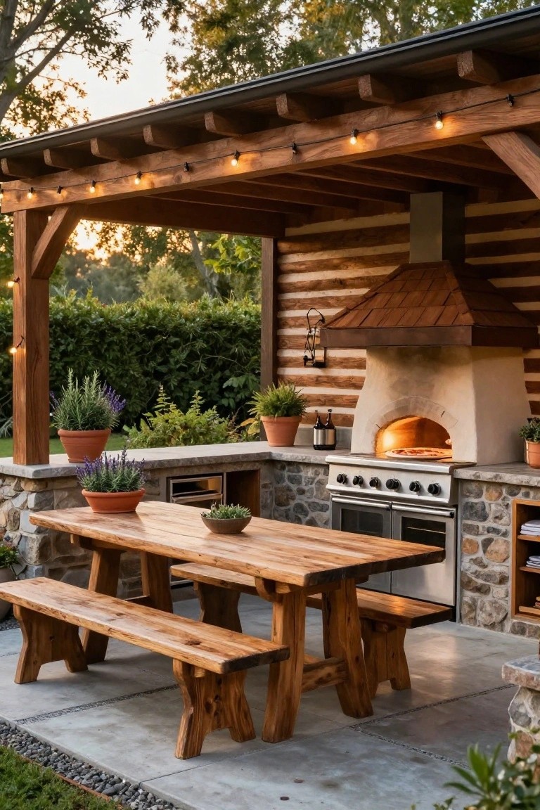 Rustic outdoor kitchen under a log beam pavilion with wood-fired pizza oven, gas grill, wooden dining table and benches, potted plants, wine bottles, and string lights on a stone and concrete patio.