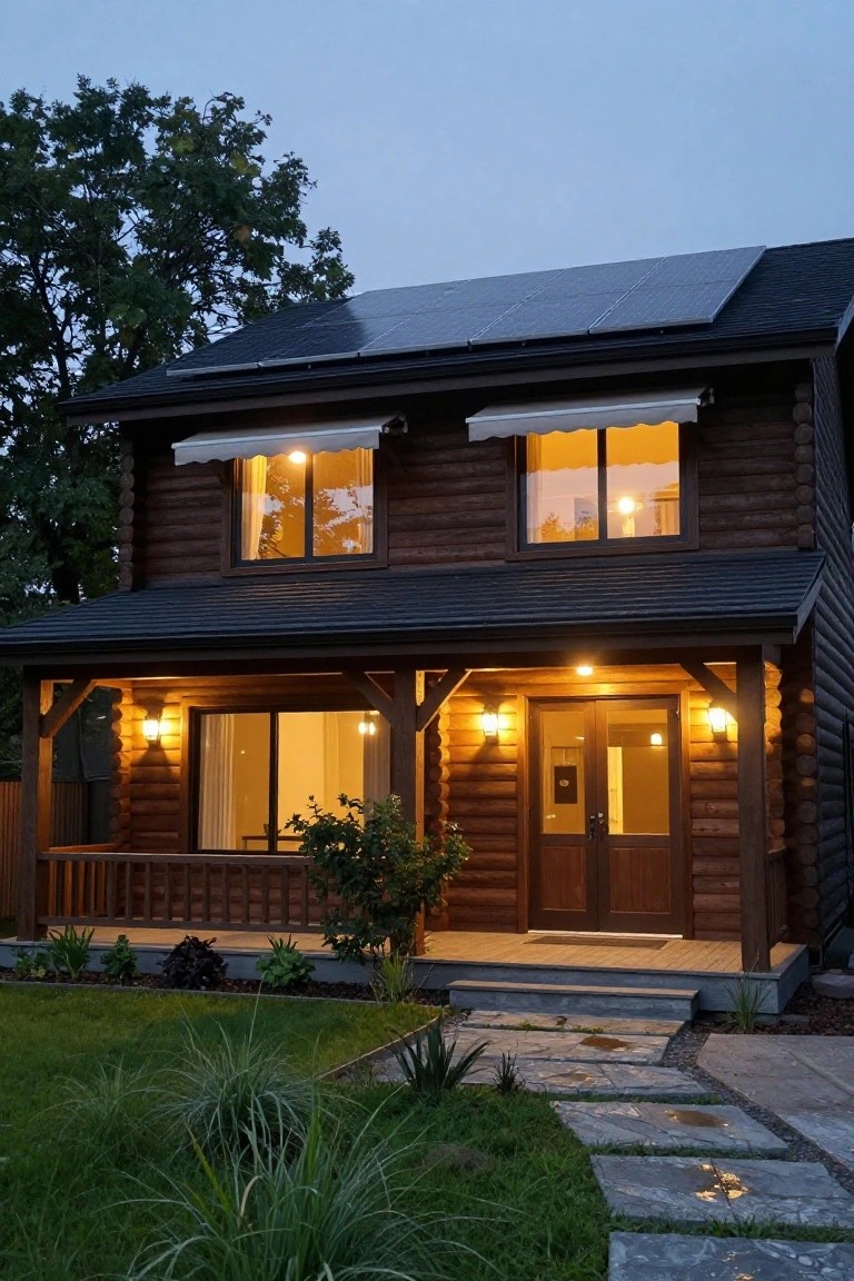 Two-story log home exterior at dusk with solar panels on the dark sloped roof, covered front porch lit by lanterns, double wooden entry doors, landscaping beds, and stone pathway leading to the entrance.