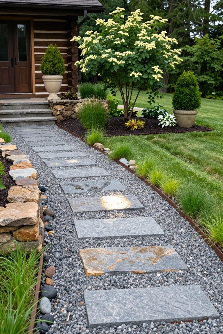 Log home entrance with front steps flanked by potted plants, leading to a pathway of large gray stone slabs set in gray gravel, bordered by metal edging, rocks, ornamental grasses, and mulch beds.
