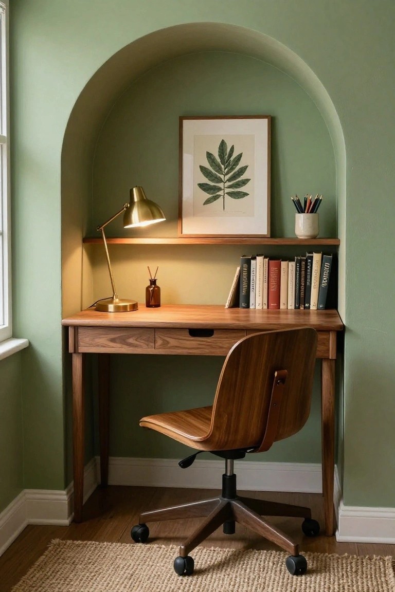 Wooden desk and swivel chair in a sage green arched wall alcove with bookshelves, brass desk lamp, framed leaf artwork, and potted pencils.