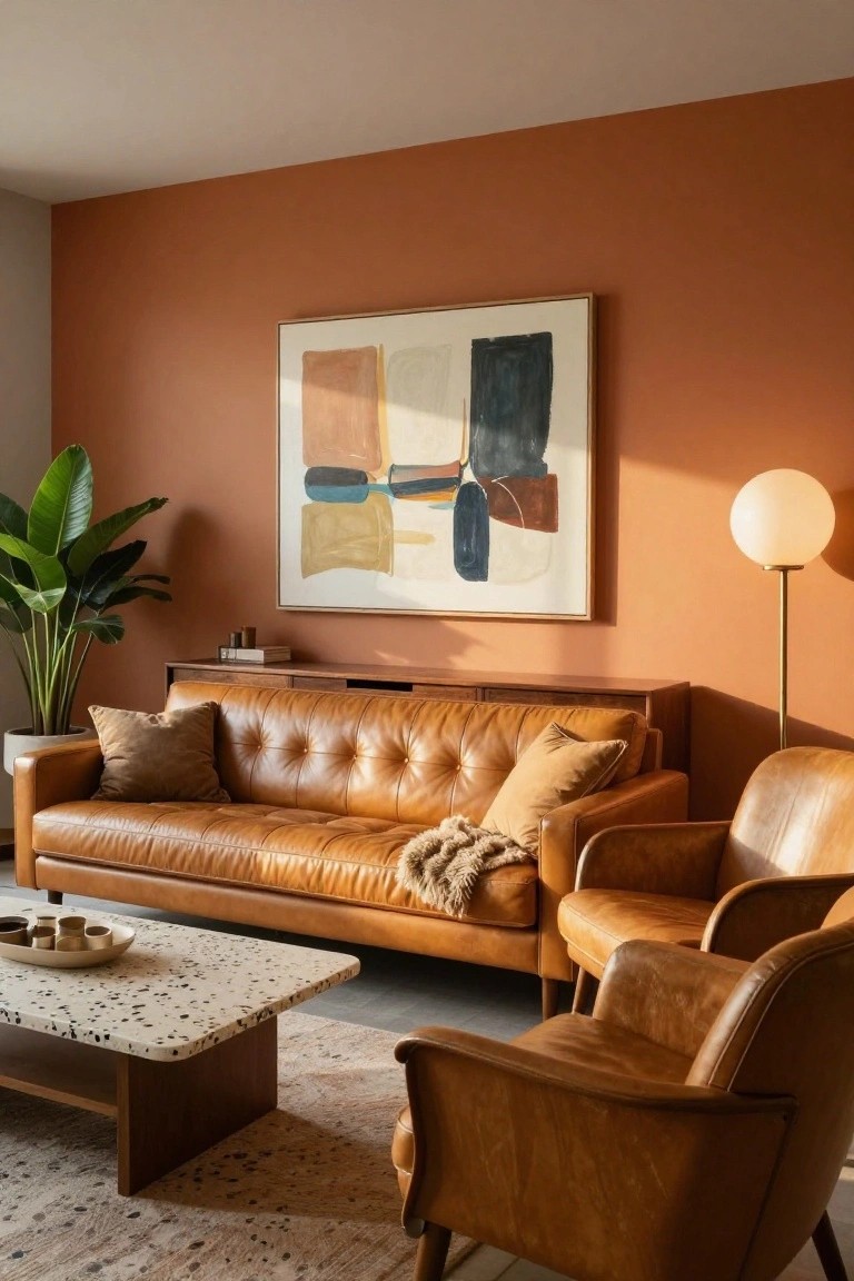 Living room featuring terracotta orange walls, tan leather tufted sofa and armchairs, wooden credenza with books, large abstract painting, potted banana plant, white globe floor lamp, terrazzo coffee table with ceramics, and beige rug.