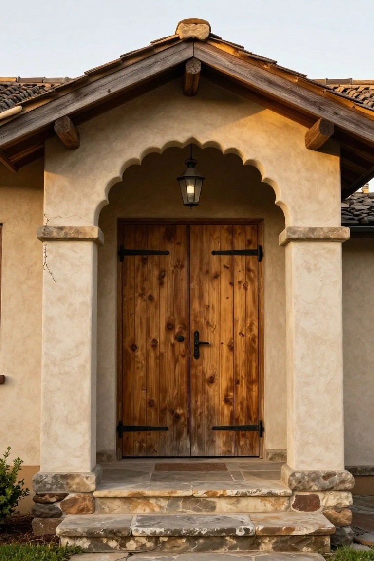 Beige stucco house front entrance with arched doorway framing double wooden doors, black iron hinges and handle, hanging lantern, timber beams, and flagstone steps with stone edging and small plants.