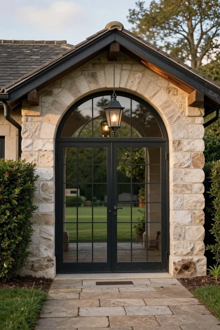 Stone arched entryway with black-framed glass double doors, hanging lantern light, boxwood shrubs on sides, and stone pathway leading up to it.