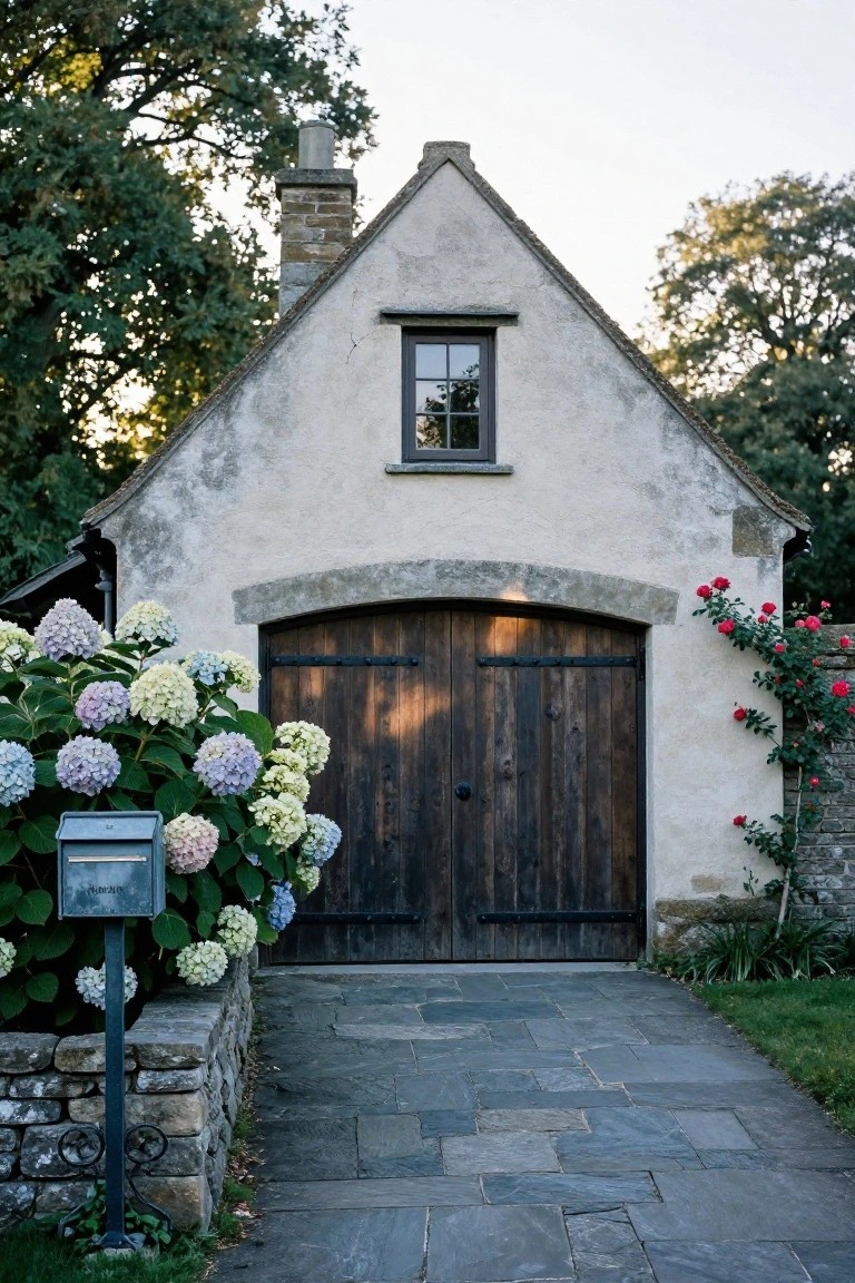 Small white stucco outbuilding with large arched dark wooden garage doors, flanked by hydrangea bushes and climbing roses, stone pathway leading to the entrance amid trees and garden.