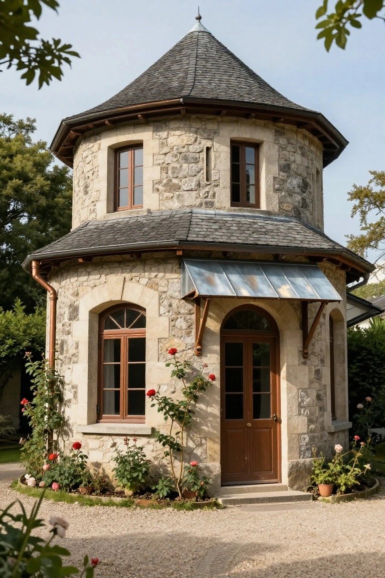 Small octagonal stone building with conical slate roof, arched wooden double doors under a metal awning, rectangular and arched windows, climbing roses on walls, surrounded by flower beds and gravel path.