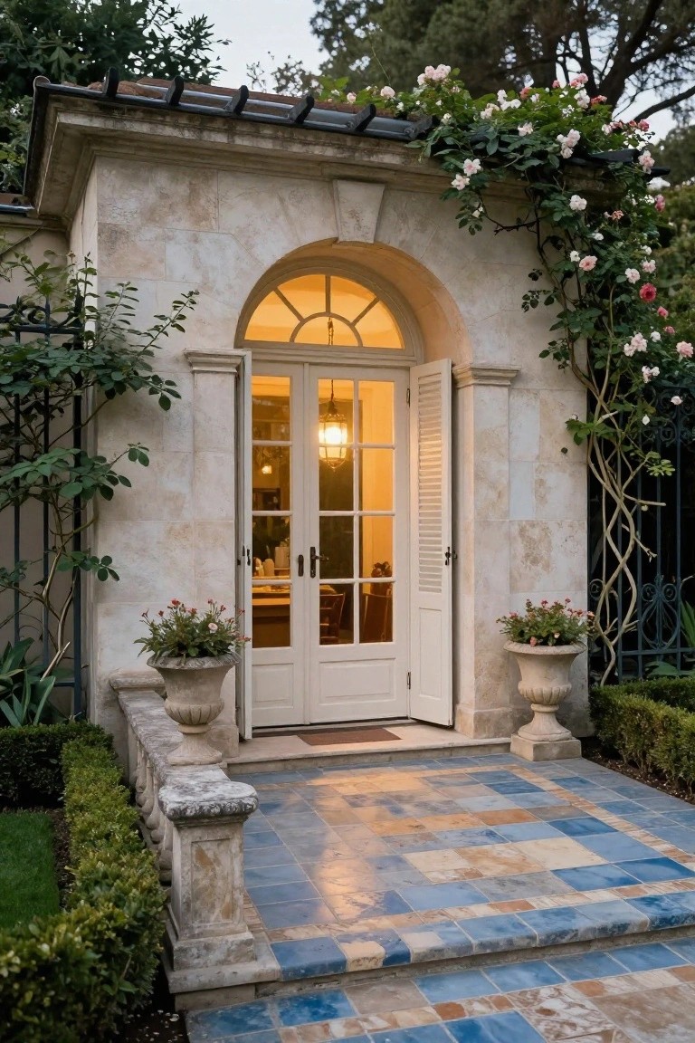 Beige stucco pavilion exterior with arched white double doors slightly open, climbing pink roses on the walls and roofline, potted plants on pedestals, wrought iron fence, and blue tiled entry steps surrounded by landscaping.