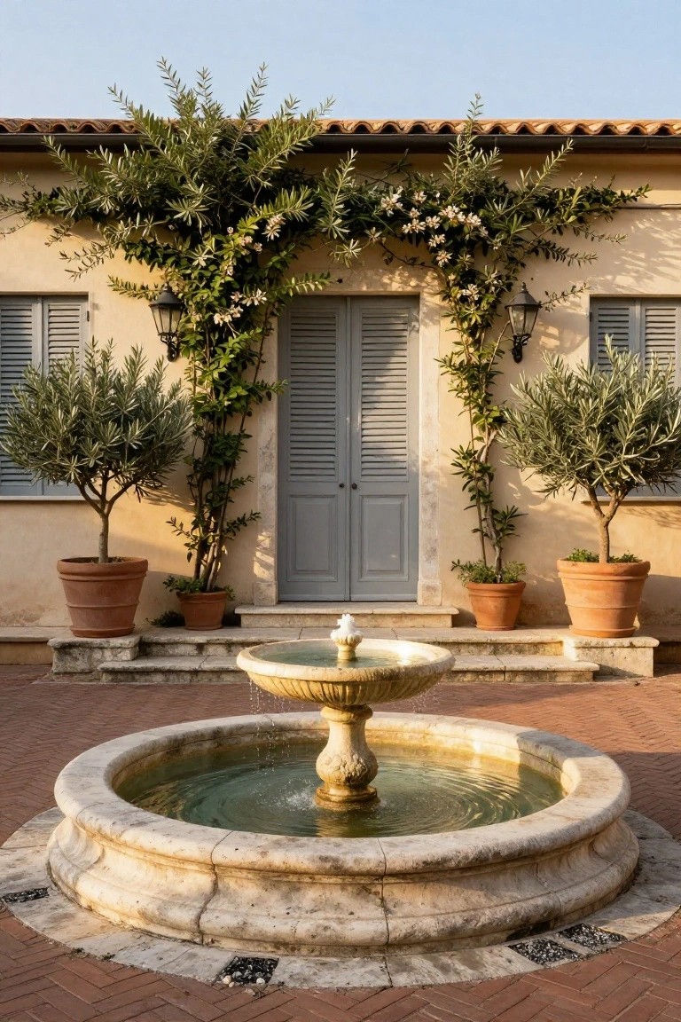 Beige stucco house facade with gray shutters and light blue double doors, framed by climbing vines and olive trees in terracotta pots, centered around a circular stone fountain in a brick-paved courtyard.