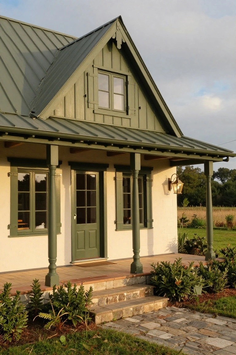 Front exterior of a single-story house with green standing-seam metal roof, white stucco walls, green-painted board-and-batten siding and trim, double casement windows with shutters, green front door, covered porch with tapered columns, lantern light, stone steps, and low plantings in a yard with fields beyond.