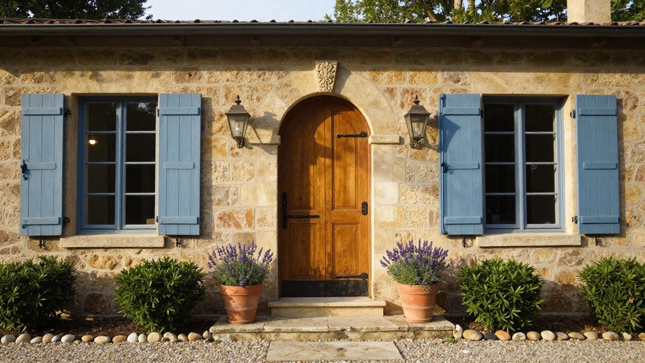 Stone house facade with arched wooden front door featuring iron grille, flanked by windows with blue shutters, wall-mounted lanterns, boxwood shrubs, and lavender plants in terracotta pots beside stone steps and gravel path.