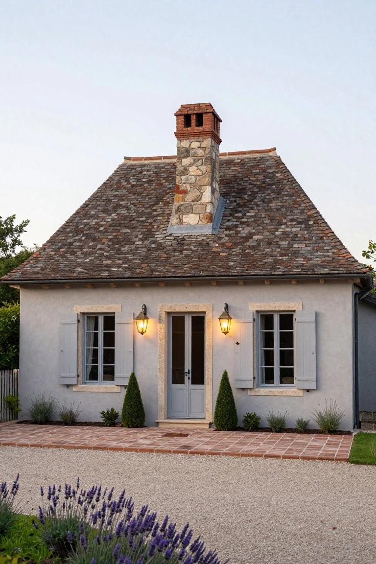 Small French country house exterior with light gray stucco walls, blue front door flanked by two lanterns, windows with blue shutters, stone chimney on slate roof, boxwood shrubs, lavender plants, and gravel driveway with brick pavers.