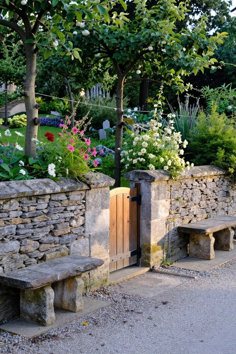 Rustic stone wall with wooden arched gate centered between two built-in stone benches, surrounded by flower beds, shrubs, and trees along a gravel path.
