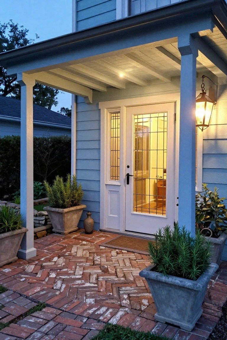 Dusk view of a light blue clapboard house front porch with white glass-paneled door, hanging lantern on white post, potted rosemary plants on brick herringbone path, and garden bed.