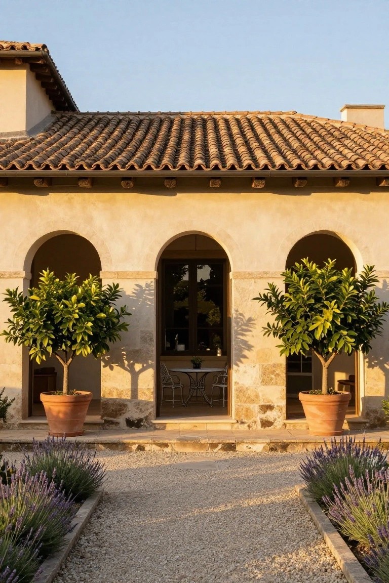 Mediterranean villa facade with arched doorways, potted trees, and lavender borders.