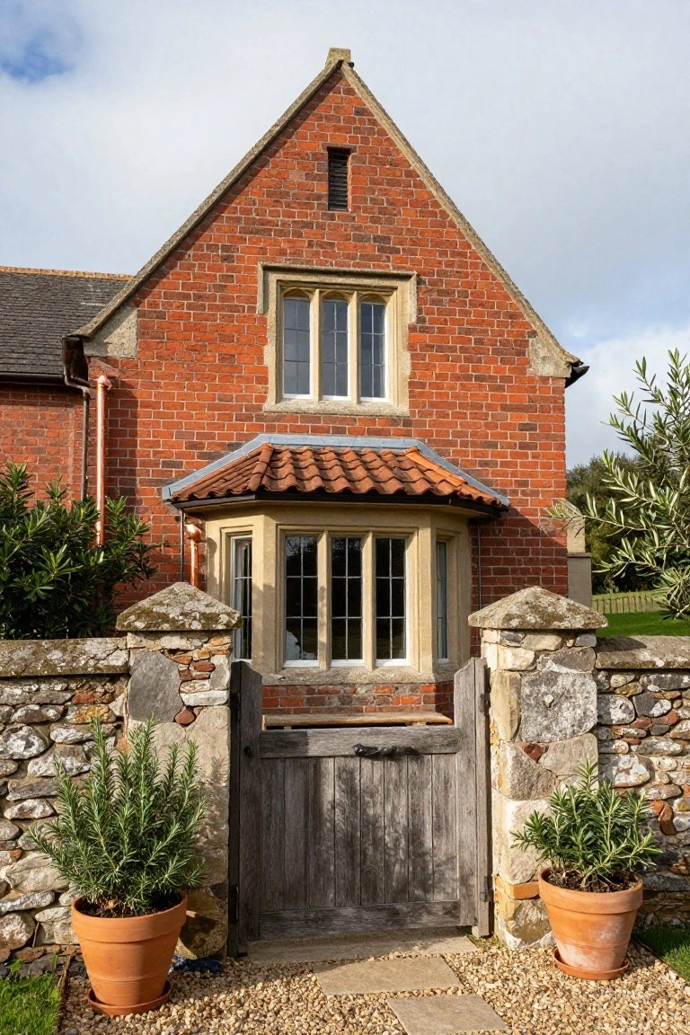 Red brick house with gabled roof and bay window porch, flanked by stone wall with wooden gate between mossy pillars and terracotta pots of rosemary plants on gravel path.