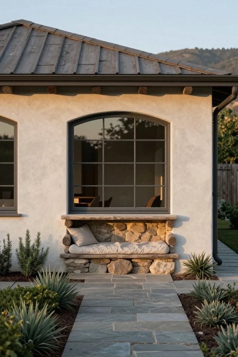 Beige stucco house exterior with black-framed arched window above a built-in stone bench with beige cushions, surrounded by rosemary plants, agave, and a flagstone path.