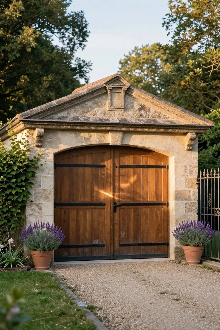 Stone garage with arched wooden doors and potted lavender plants.